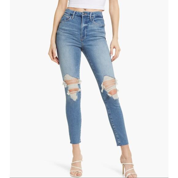 Good American Good Waist High-rise Cropped Distressed Frayed Hem Jeans Indigo - Picture 1 of 2